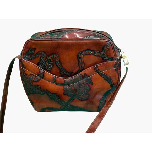 Vintage Leather Crossbody Bag With Chain Print & Brown Adjustable Strap - Picture 4 of 4